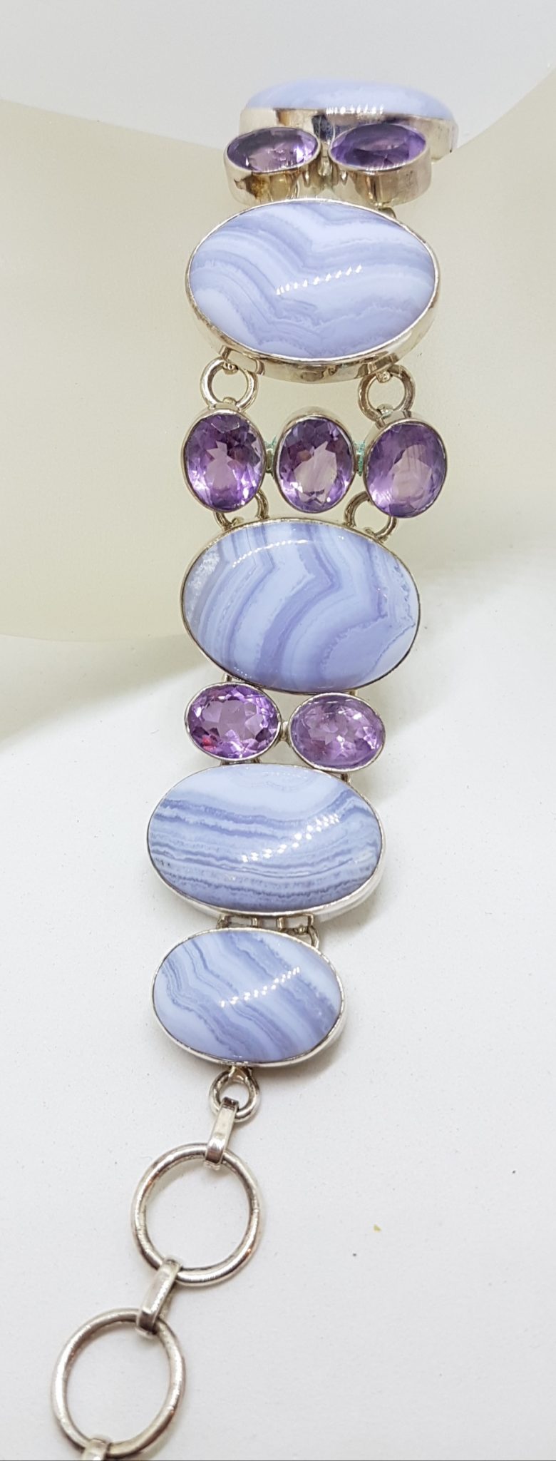 Sterling Silver Large Oval Blue Lace Agate with Amethyst Wide / Chunky Bracelet