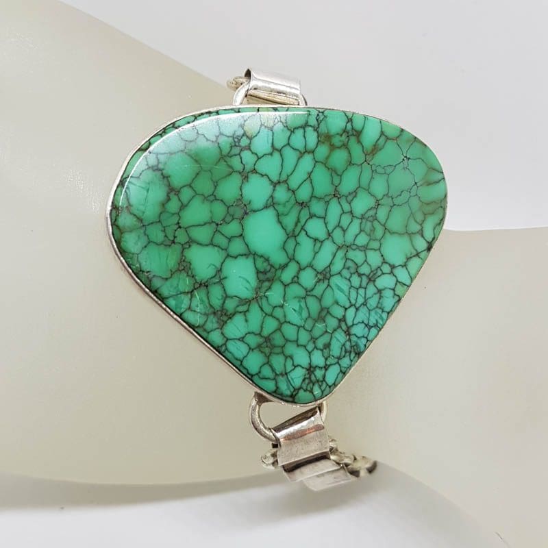 Sterling Silver Stunning Very Large and Chunky Natural Turquoise Bracelet - Pear Shape / Teardrop / Heart Shape