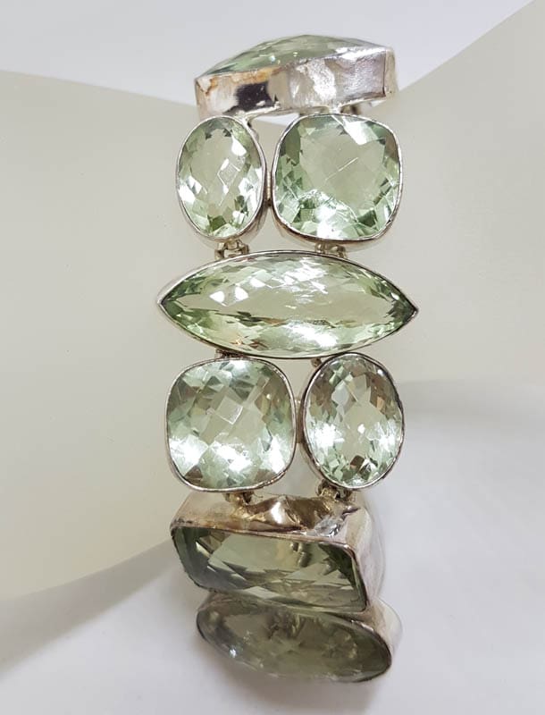 Sterling Silver Wide &amp; Chunky Green Amethyst / Prasiolite Bracelet