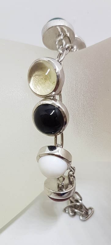 Sterling Silver Multi-Colour Gemstones Charm Bracelet - Carnelian, Agate, Onyx Etc