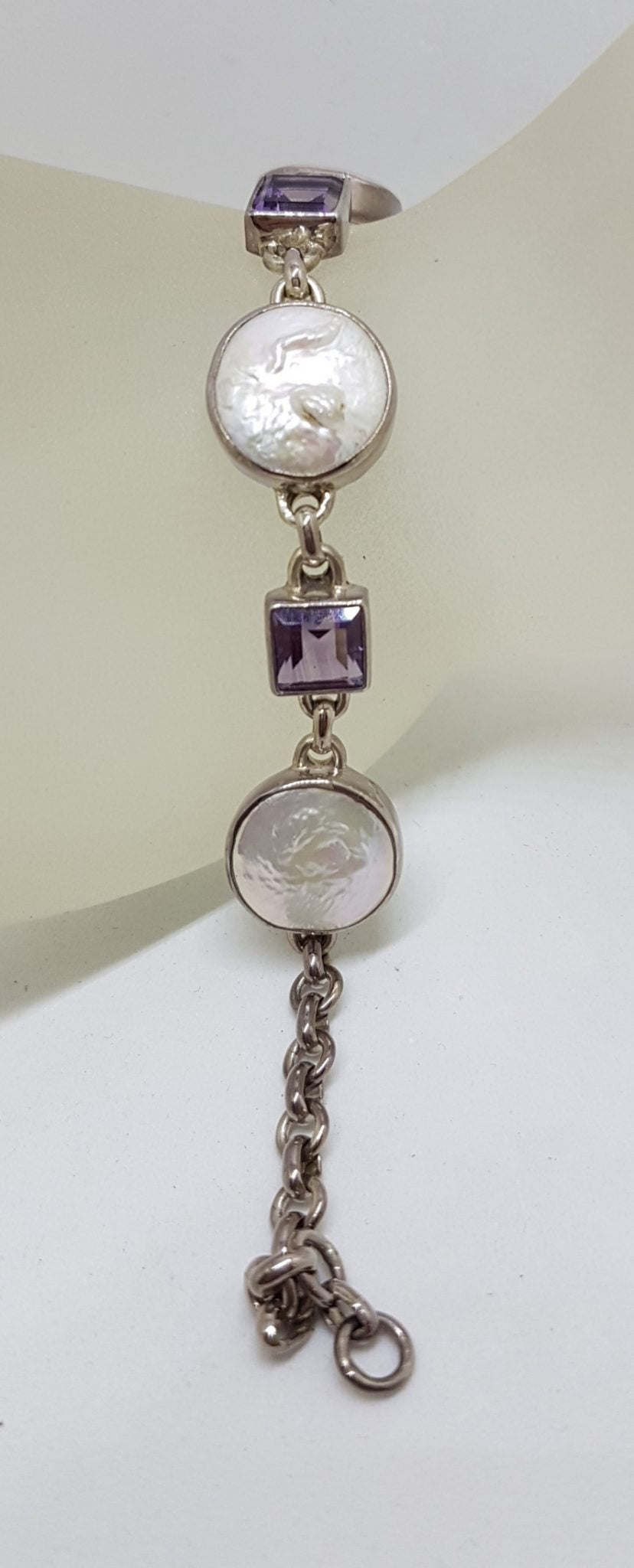 Sterling Silver Round Button Pearl with Square Amethyst Bracelet