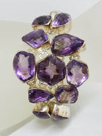Sterling Silver Large Wide Chunky Unusual Shapes Amethyst Cluster Bracelet