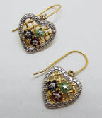 Sterling Silver &amp; Plated Ruby, Emerald and Sapphire Cluster Ornate Heart Drop Earrings