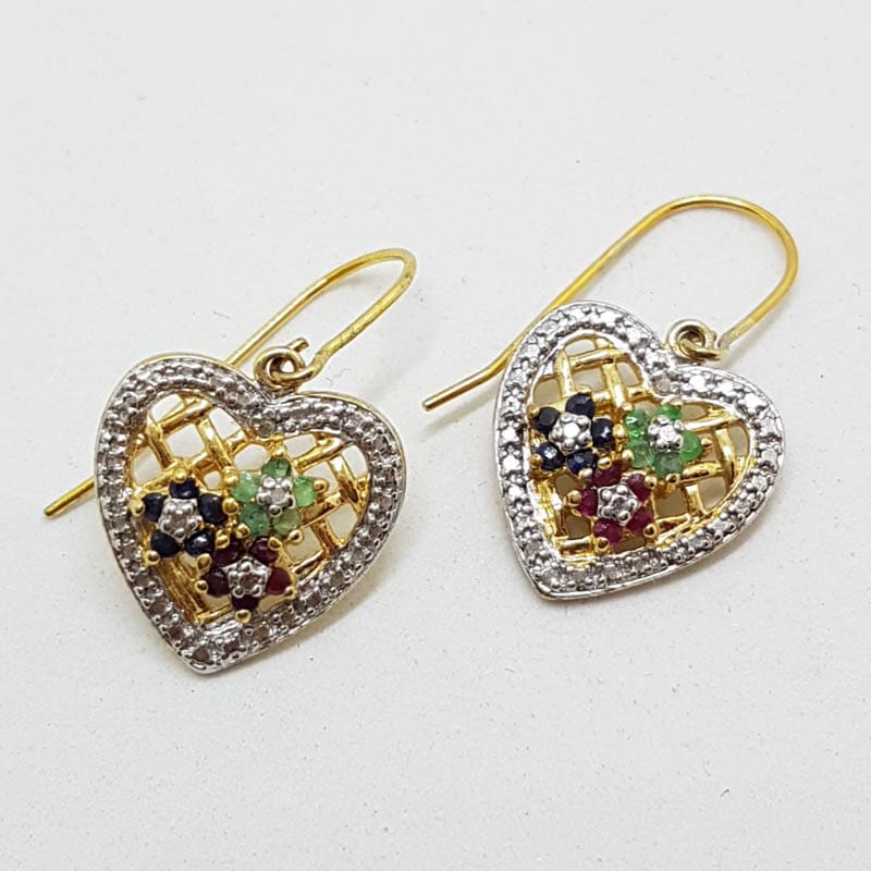 Sterling Silver &amp; Plated Ruby, Emerald and Sapphire Cluster Ornate Heart Drop Earrings