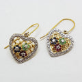Sterling Silver &amp; Plated Ruby, Emerald and Sapphire Cluster Ornate Heart Drop Earrings