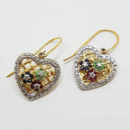 Sterling Silver &amp; Plated Ruby, Emerald and Sapphire Cluster Ornate Heart Drop Earrings
