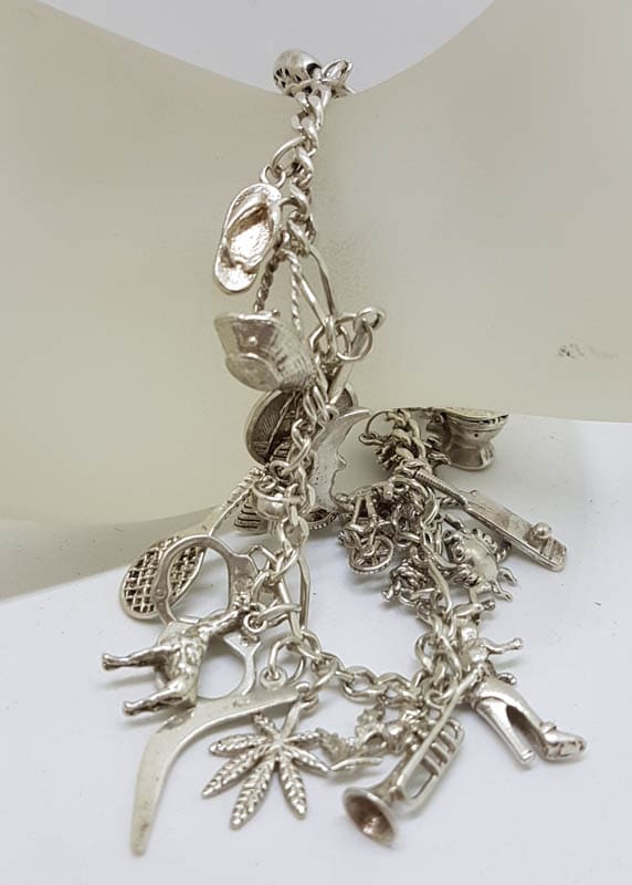 Sterling Silver Heavy Vintage Charm Bracelet with 26 Assorted Charms