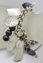 Sterling Silver Vintage Large and Heavy Charm Bracelet with Pearls and Mother of Pearl