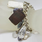 Sterling Silver Vintage Large and Heavy Charm Bracelet with Pearls and Mother of Pearl
