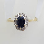 9ct Yellow Gold Oval Sapphire and Diamond Cluster Ring - Vintage