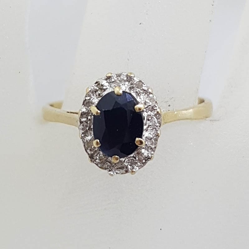 9ct Yellow Gold Oval Sapphire and Diamond Cluster Ring - Vintage