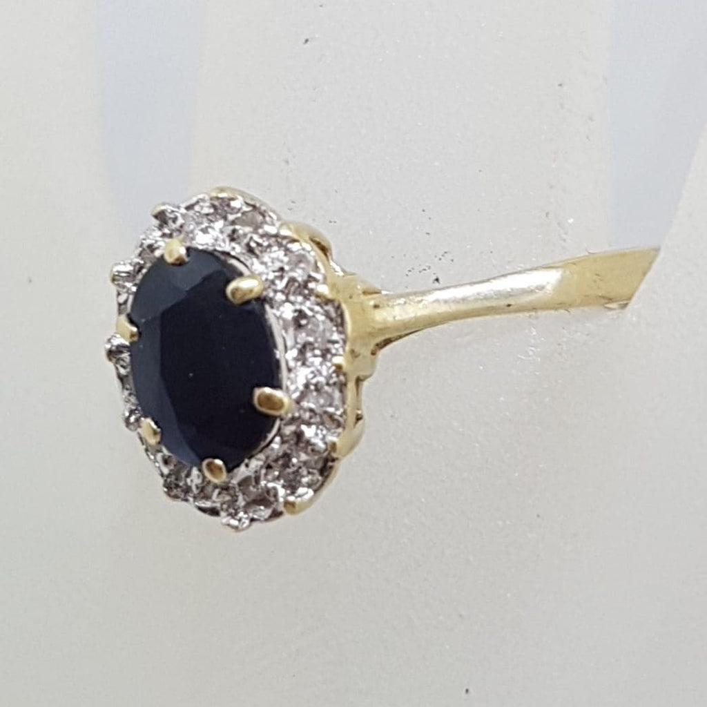 9ct Yellow Gold Oval Sapphire and Diamond Cluster Ring - Vintage