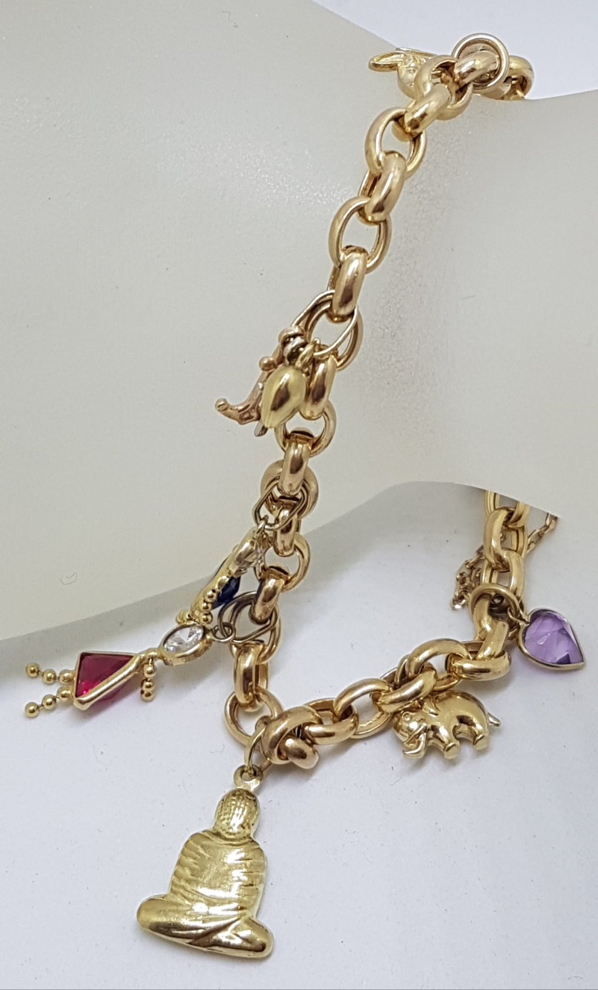 9ct Yellow Gold 9 Assorted Charms Bracelet - Includes Diamond and Cubic Zirconia Charm - Vintage