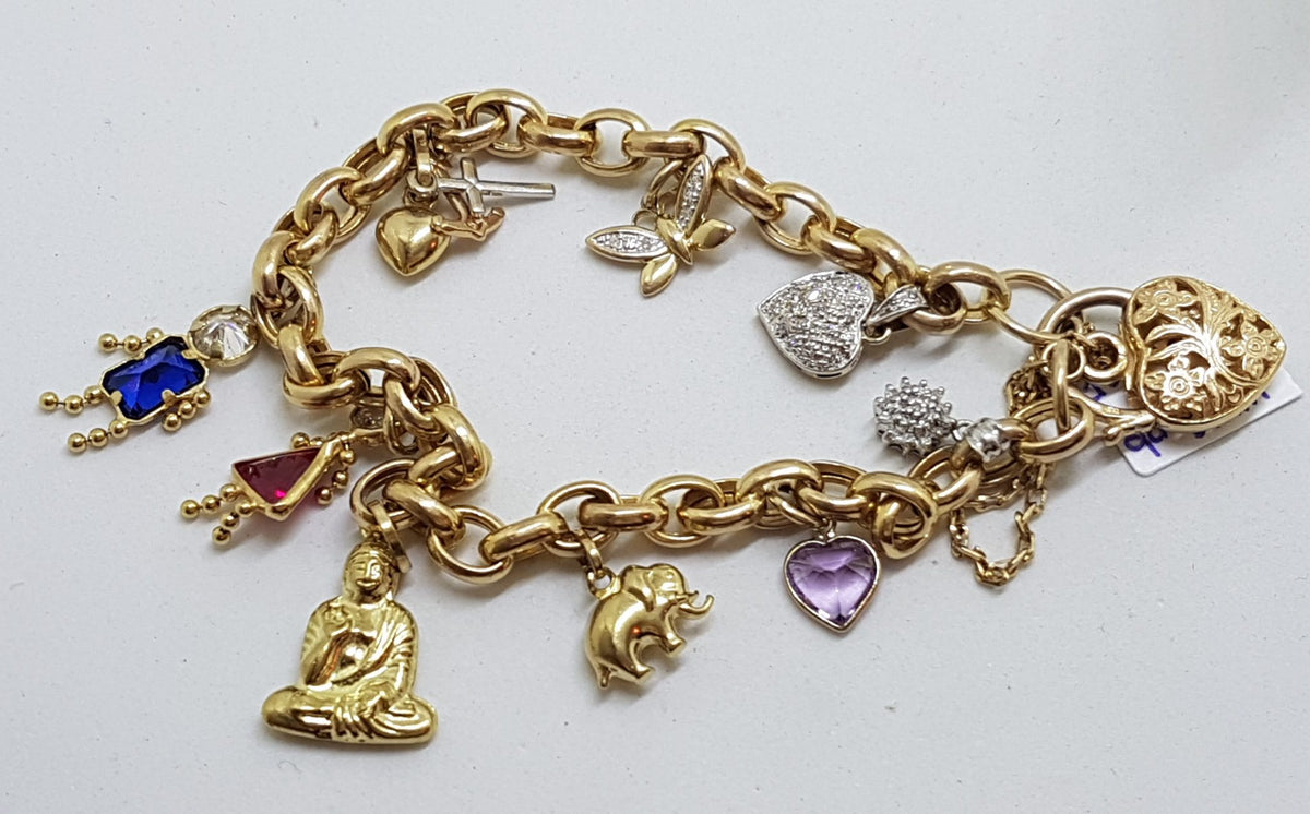 9ct Yellow Gold 9 Assorted Charms Bracelet - Includes Diamond and Cubic Zirconia Charm - Vintage