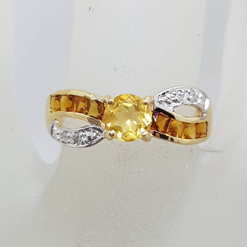9ct Yellow Gold Channel Set Citrine and Diamond Twist Ring