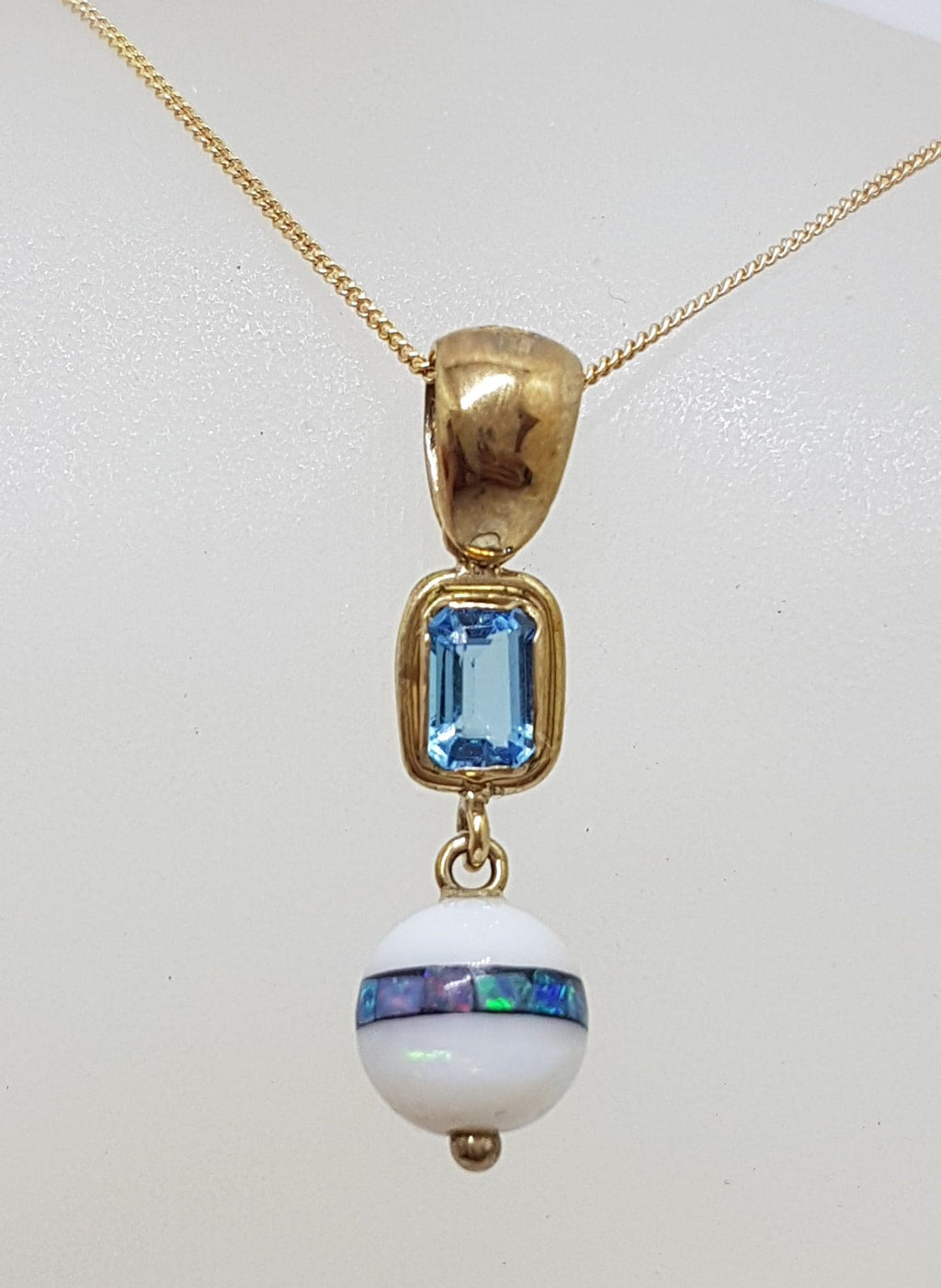 9ct Yellow Gold Opal, Agate and Topaz Handmade Drop Pendant on Gold Chain