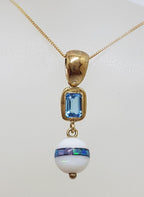 9ct Yellow Gold Opal, Agate and Topaz Handmade Drop Pendant on Gold Chain
