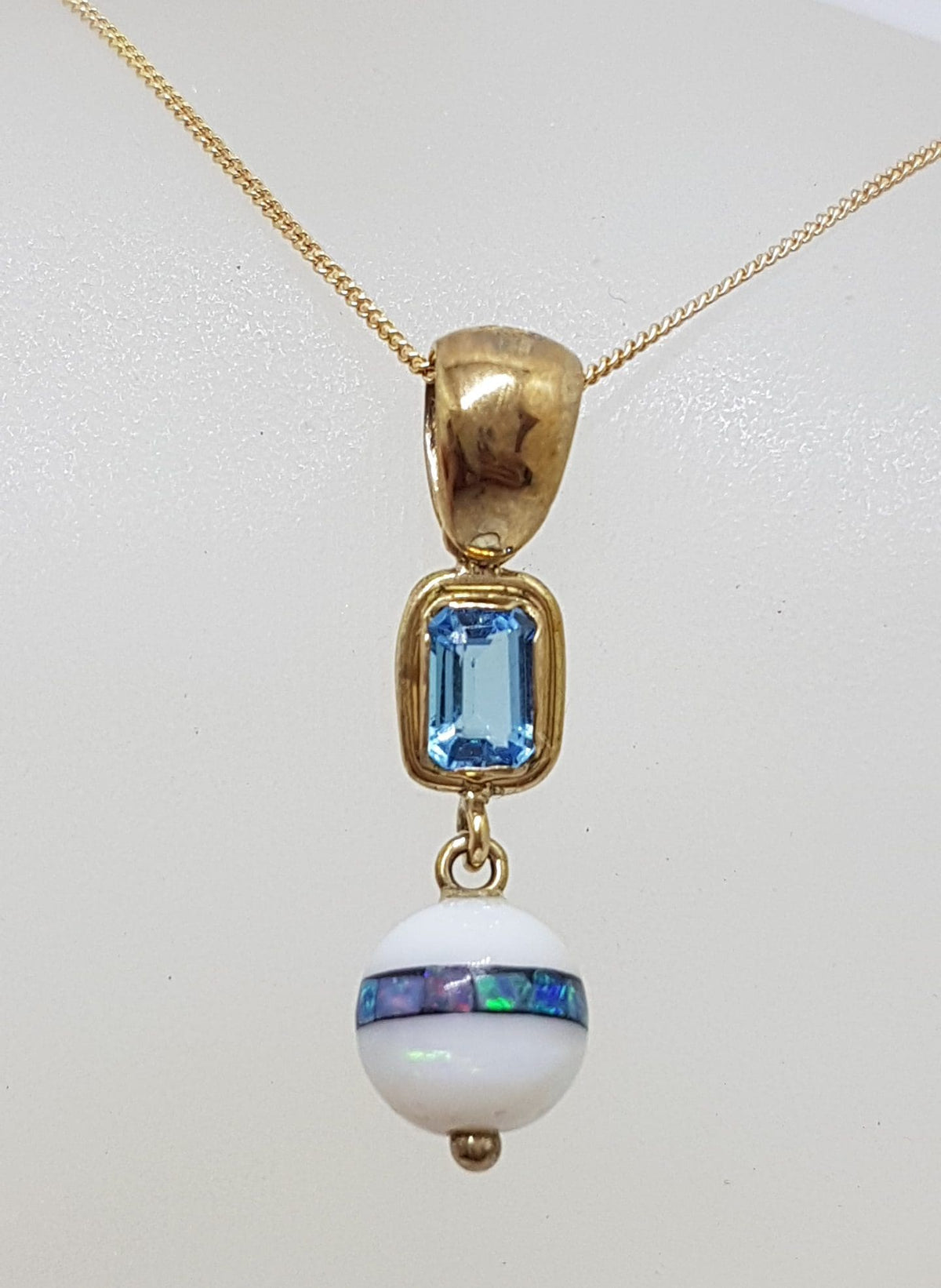 9ct Yellow Gold Opal, Agate and Topaz Handmade Drop Pendant on Gold Chain