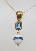 9ct Yellow Gold Opal, Agate and Topaz Handmade Drop Pendant on Gold Chain