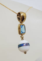 9ct Yellow Gold Opal, Agate and Topaz Handmade Drop Pendant on Gold Chain