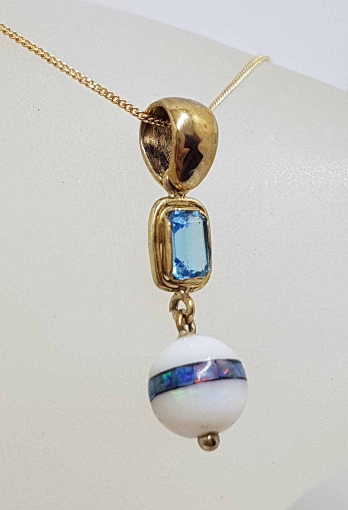 9ct Yellow Gold Opal, Agate and Topaz Handmade Drop Pendant on Gold Chain