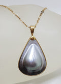 9ct Yellow Gold Large Teardrop Shape Grey / Blue / Black Mabe Pearl Pendant on Gold Chain