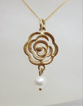 9ct Yellow Gold Pearl Long Rose / Flower Pendant on 9ct Gold Chain