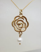 9ct Yellow Gold Pearl Long Rose / Flower Pendant on 9ct Gold Chain