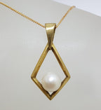 8ct Vintage Yellow Gold Pearl in Marquis Shape Drop Pendant on 9ct Gold Chain