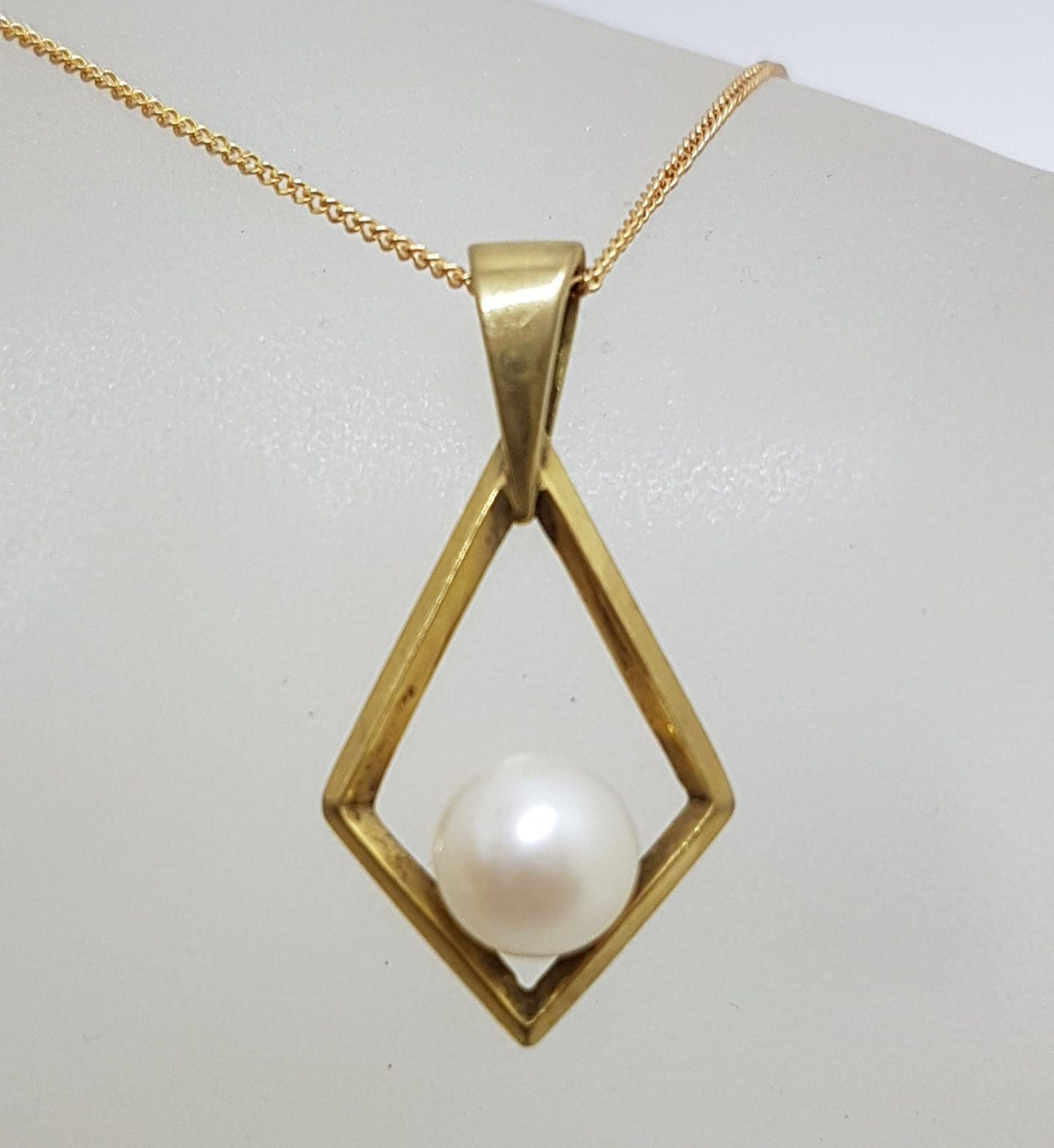 8ct Vintage Yellow Gold Pearl in Marquis Shape Drop Pendant on 9ct Gold Chain