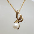 9ct  Vintage Yellow Gold Pearl Ornate Twist Design Pendant on Gold Chain