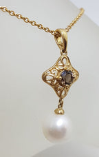 9ct Yellow Gold Pearl &amp; Smokey Quartz Ornate Filigree Pendant on Gold Chain