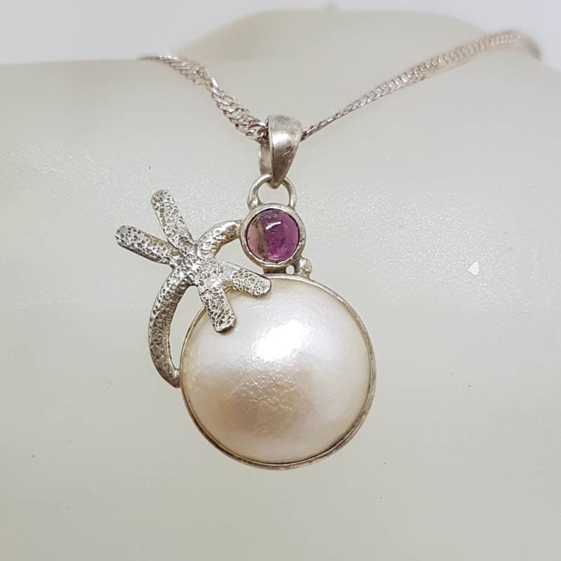 Sterling Silver Round Mabe Pearl with Pink Tourmaline Dragonfly Pendant on Silver Chain