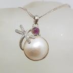 Sterling Silver Round Mabe Pearl with Pink Tourmaline Dragonfly Pendant on Silver Chain