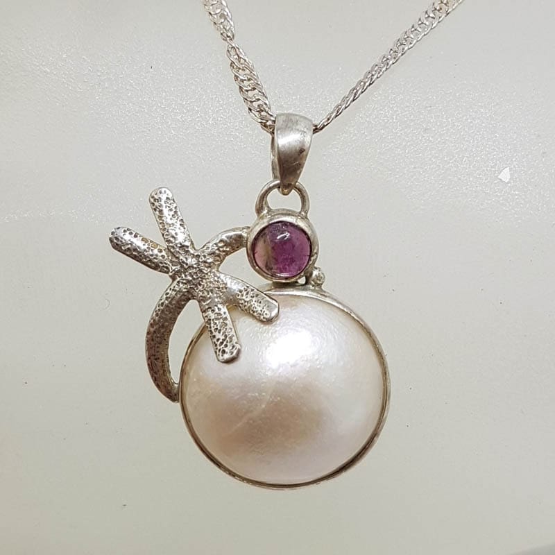 Sterling Silver Round Mabe Pearl with Pink Tourmaline Dragonfly Pendant on Silver Chain