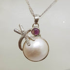 Sterling Silver Round Mabe Pearl with Pink Tourmaline Dragonfly Pendant on Silver Chain
