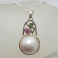 Sterling Silver Round Mabe Pearl with Pink and Green Tourmaline Ornate Arch Shape Pendant on Silver Chain