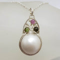 Sterling Silver Round Mabe Pearl with Pink and Green Tourmaline Ornate Arch Shape Pendant on Silver Chain
