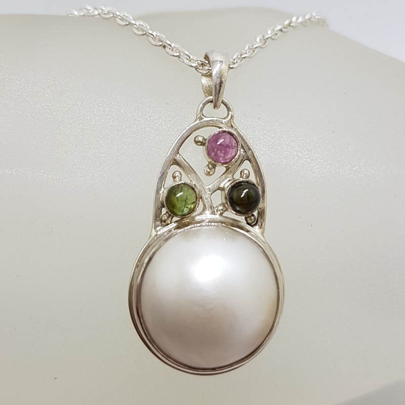 Sterling Silver Round Mabe Pearl with Pink and Green Tourmaline Ornate Arch Shape Pendant on Silver Chain