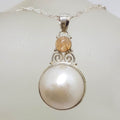 Sterling Silver Round Mabe Pearl with Tourmaline Ornate Pendant on Silver Chain