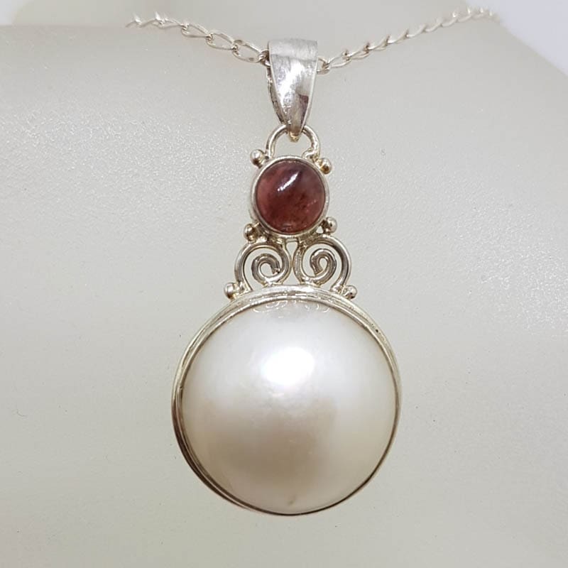 Sterling Silver Round Mabe Pearl with Pink Tourmaline Ornate Pendant on Silver Chain