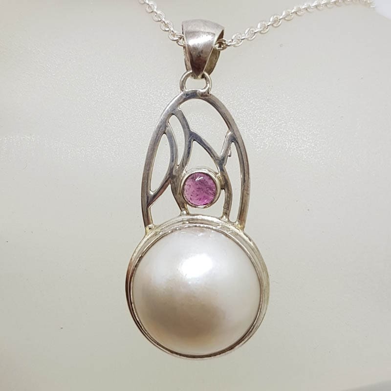 Sterling Silver Round Mabe Pearl &amp; Pink Tourmaline Ornate Arch Shape Pendant on Silver Chain