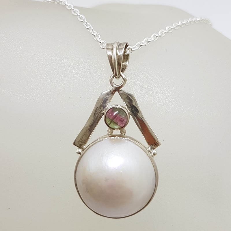 Sterling Silver Round Mabe Pearl with Pink Tourmaline Pendant on Silver Chain