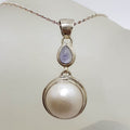 Sterling Silver Round Mabe Pearl with Iolite Drop Pendant on Silver Chain
