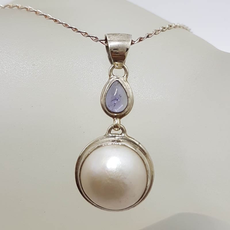 Sterling Silver Round Mabe Pearl with Iolite Drop Pendant on Silver Chain