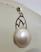 Sterling Silver Round Mabe Pearl Ornate Arch Shape Pendant on Silver Chain