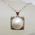 Sterling Silver Round Mabe Pearl Ornate Filigree Square Pendant on Silver Chain