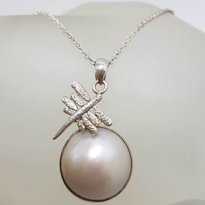 Sterling Silver Round Mabe Pearl Dragonfly Pendant on Silver Chain