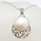 Sterling Silver Round Mabe Pearl Ornate Filigree Pendant on Silver Chain
