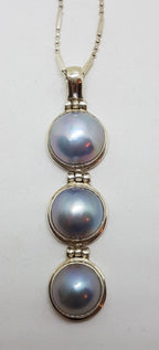 Sterling Silver Round Blue / Black Long Three Mabe Pearl Drop Pendant on Silver Chain